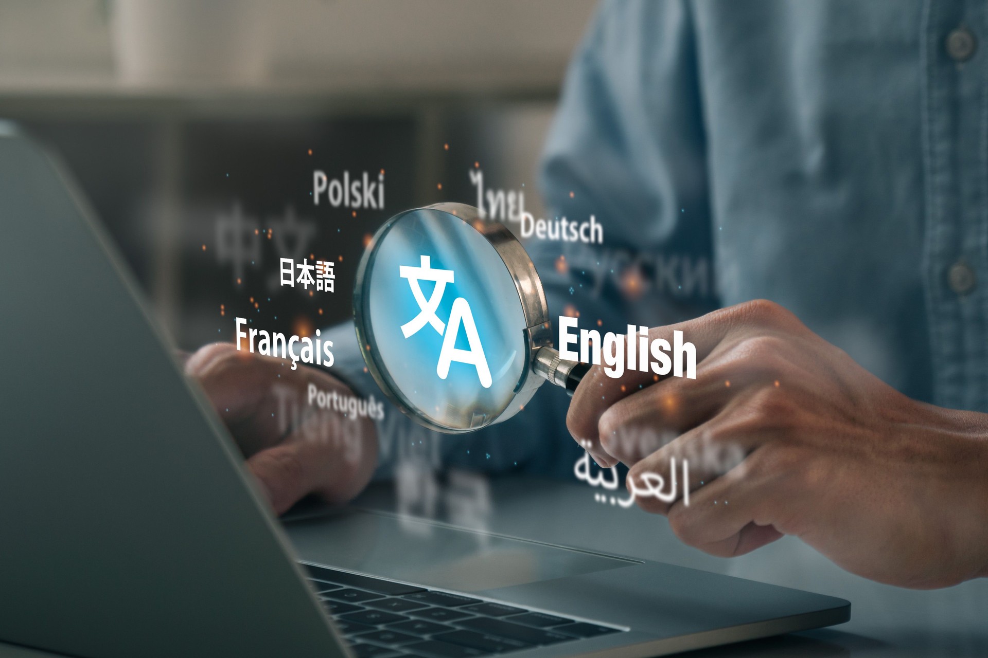 Man hand using magnifying glass to translation of foreign languages on website.Symbol of translation.Ai translator.Worldwide language conversation.